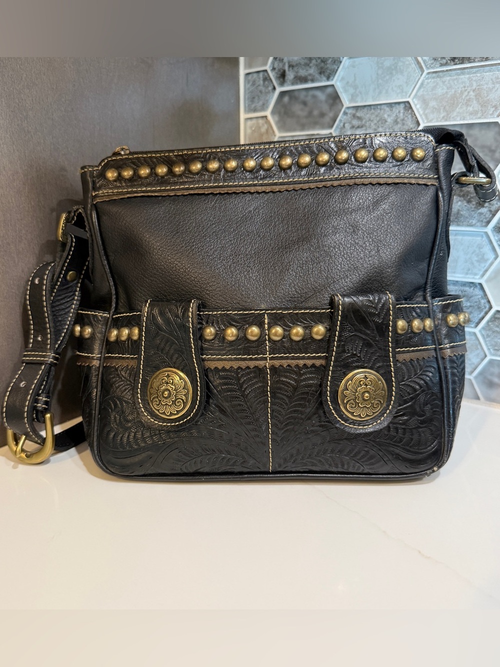 American West Black Leather Tooled Crossbody with Brass Accents
